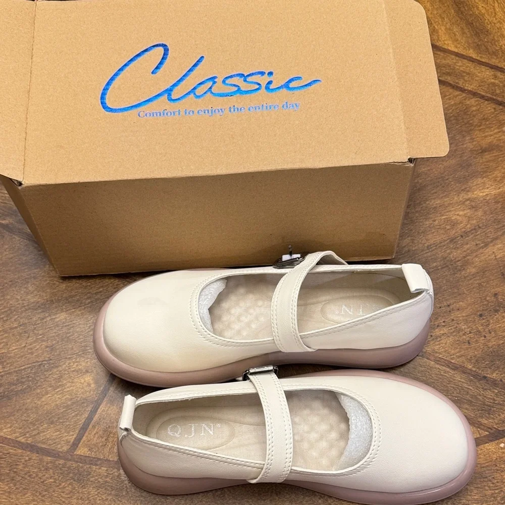 NWT QJN Mary Jane Shoes Women Flat Comfortable leather Casual Ladies beige 8 - Picture 9 of 12